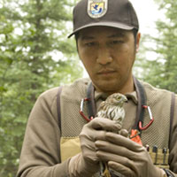 Fish and Wildlife Service employee holding a tagged bird